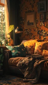 Golden hour reading nook wrapped in floral quiet magic.