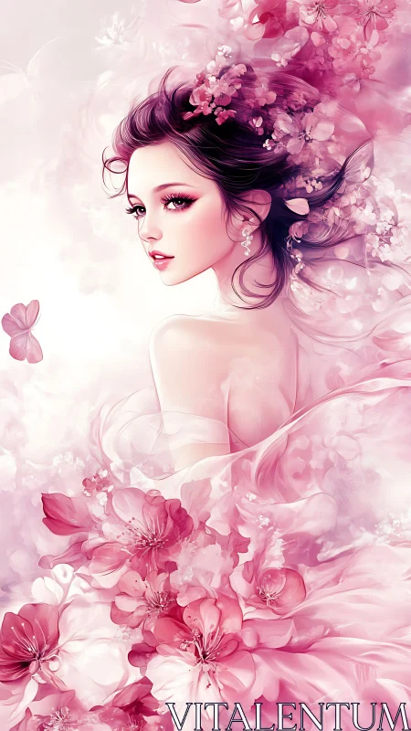 Blossom-kissed maiden gazes back in a dreamy pink haze