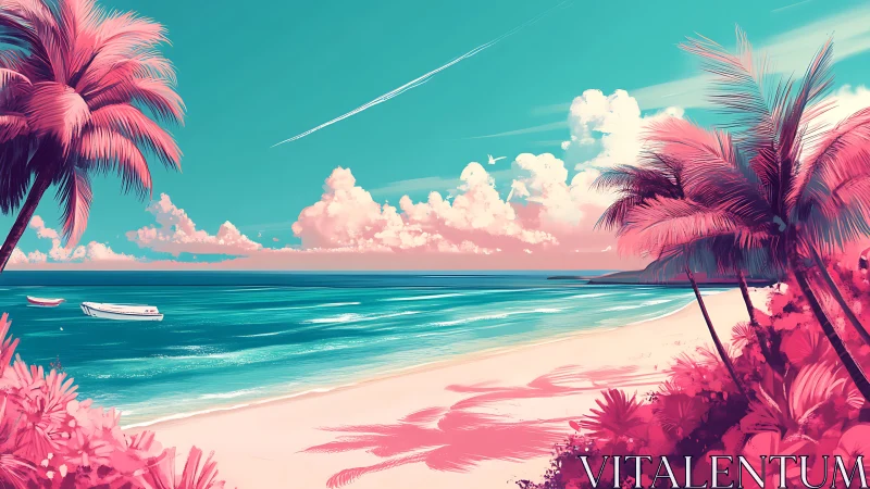 Tropical Beach Scene with Stylized Palm Trees and Turquoise Waters.