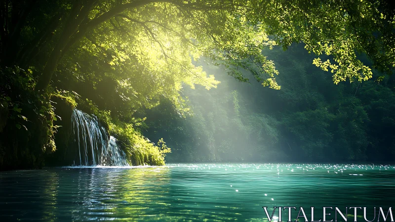 Sunlit forest waterfall over tranquil turquoise pool.