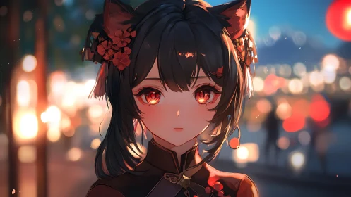 Lantern lights glow around a quiet fox eared anime girl