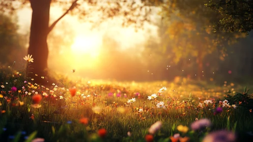 Sunlit wildflower meadow glows under warm golden sunrise