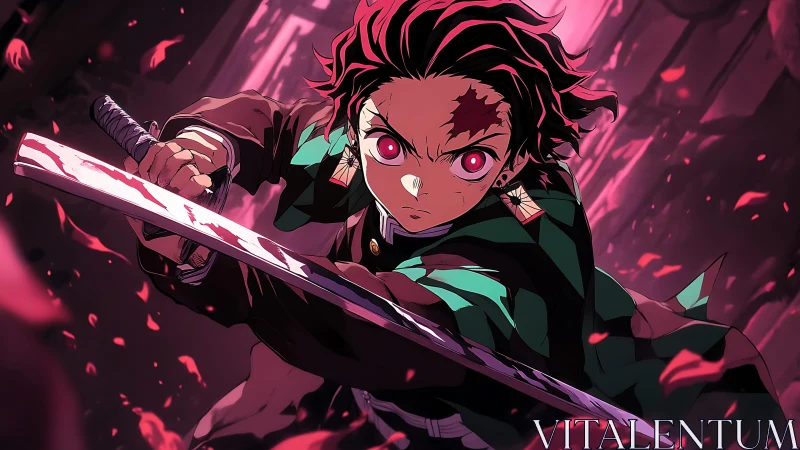 Intense swordsman in dynamic anime combat perspective.