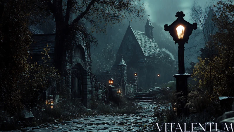 Rain-soaked gothic church lane under moody lamplight at dusk.