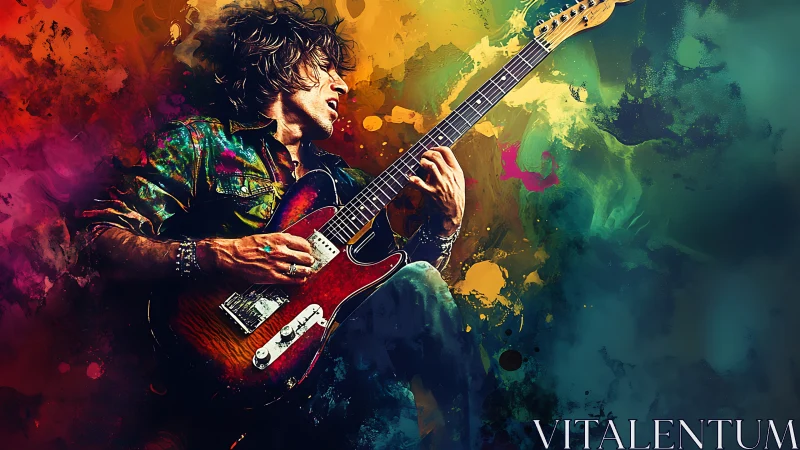 Electric guitarist unleashes color-soaked rock energy onstage.