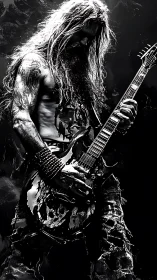 Heavy metal guitarist stands in dramatic monochrome lighting.
