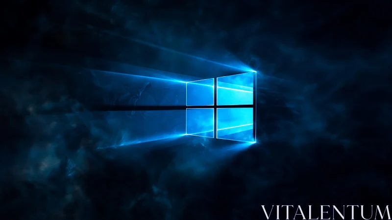 Glowing blue window logo in dark abstract digital space.