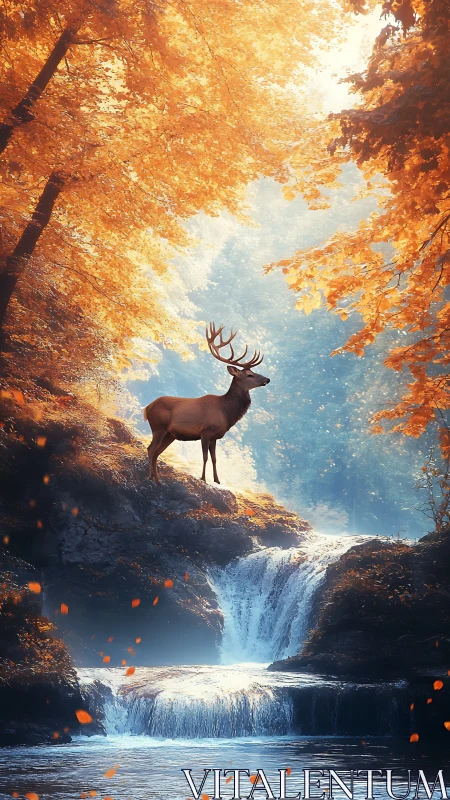 Majestic stag stands over autumn waterfall in glowing forest
