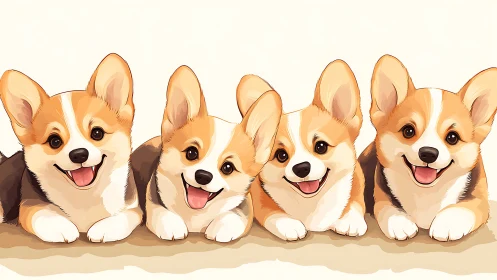 Four cheerful corgi buddies lined up in bright cartoon style.