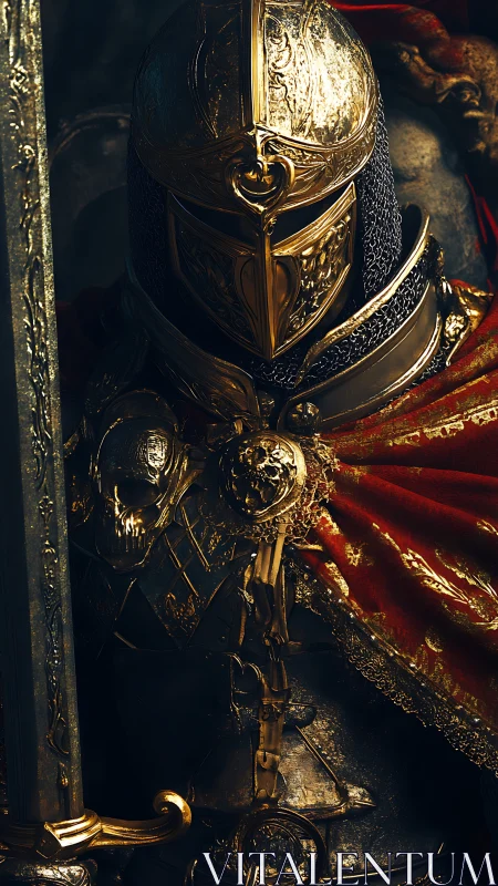 Gold armored knight with sword and red velvet cloak.