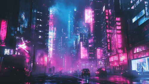 Neon monoliths shimmer over rain-soaked cyber city streets.
