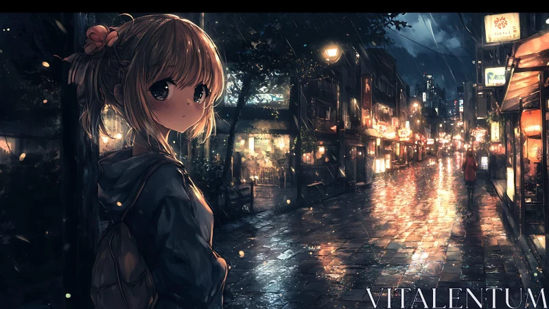 Rain-soaked anime street scene with reflective neon lights.