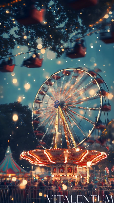 Nocturnal carousel and ferris wheel with dreamy light bokeh.