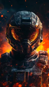 Armored sci fi soldier stands in blazing battlefield inferno