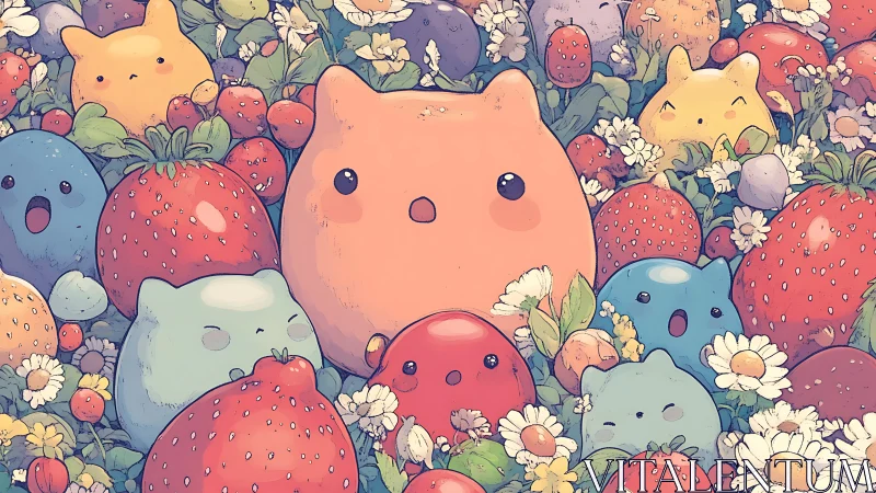 Cartoon animal figures surrounded by strawberries and flowers.