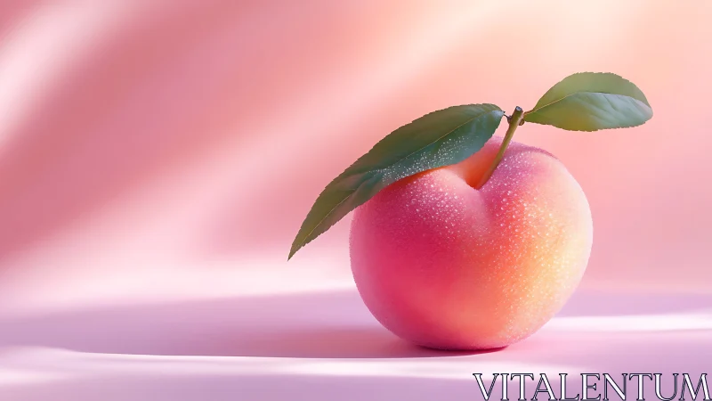Luminous dewy peach resting on soft pink gradient surface.