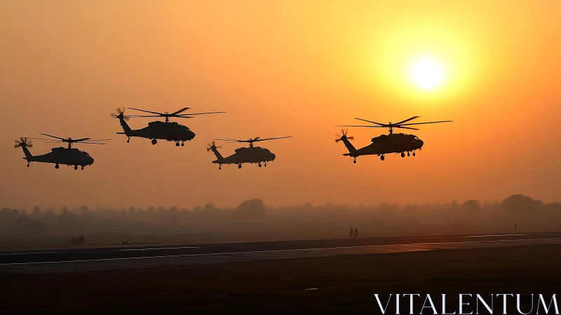 Helicopters gliding home across a golden sunset sky.