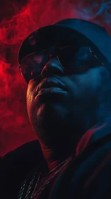 Moody hip-hop portrait in red and blue neon haze.