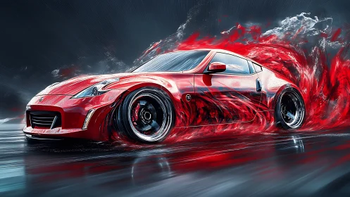 Red sports car racing through swirling painted motion.