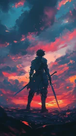 Backlit warrior silhouette under bifurcated neon sunset sky.
