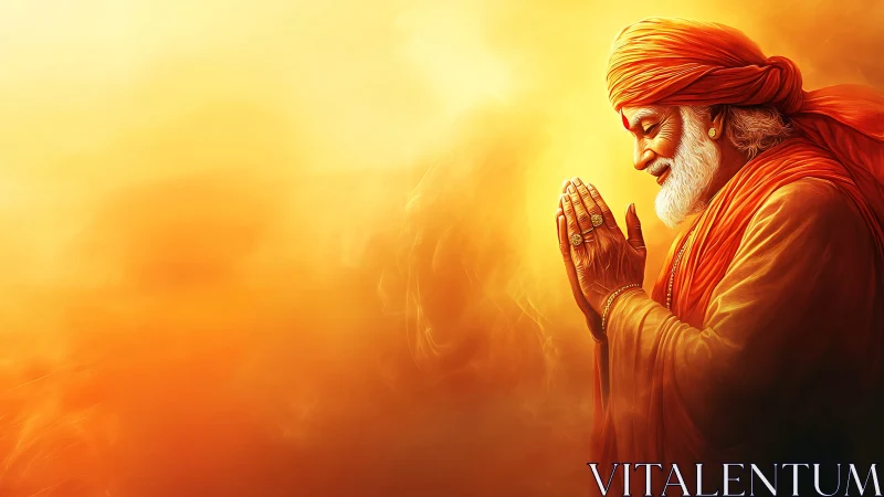 Devout elder in saffron robes rendered in luminous digital light