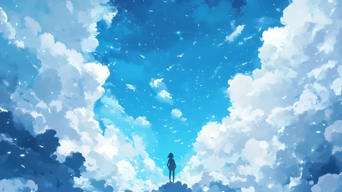Silhouetted girl stands before towering luminous cloud sky