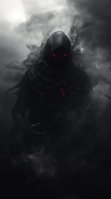 Hooded shadow figure with red eyes in swirling smoke.