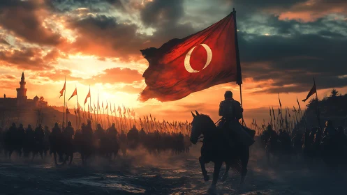 Ottoman cavalry rides at dawn beneath a blazing red standard.