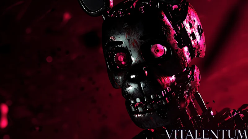 Corroded animatronic endoskeleton under crimson rim lighting.