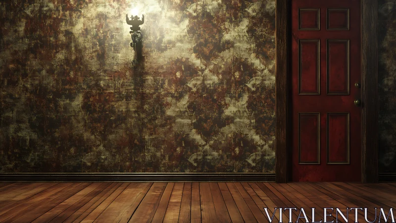 Red wooden door in moody vintage hallway interior scene.