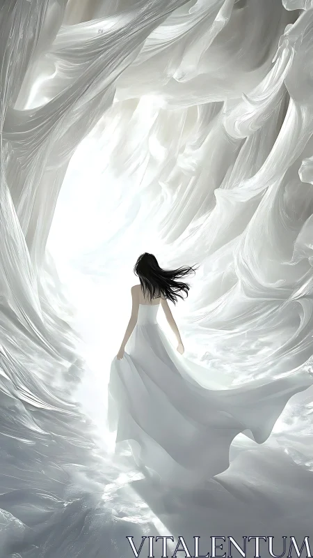Woman in flowing white dress crossing luminous ice corridor.