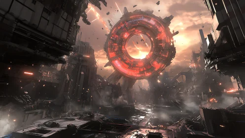 Colossal red energy ring dominates ruined sci fi megastructure.