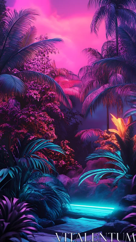 Neon-illuminated tropical pathway renders a cybernetic jungle dream