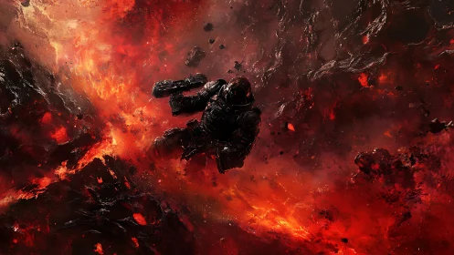 Armored space marine drifting through incandescent lava nebula