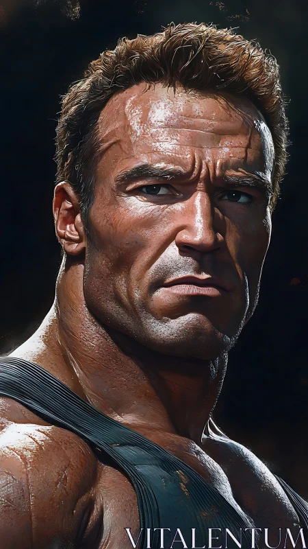 Powerful muscular warrior stares ahead in dramatic light.