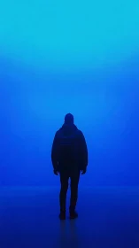 Backpack drifter bathing in neon blue horizon hush.