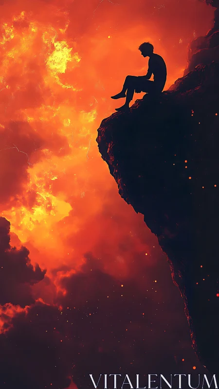 Silhouetted figure overlooks infernal cloudscape in warm chiaroscuro