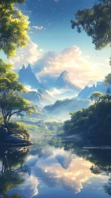 Sunlit alpine lake reflects ethereal mountains and clouds.