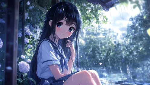 Rainy day pause with a shy schoolgirl in a quiet garden.