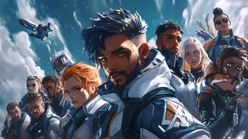 Multicharacter sci fi crew portrait under cloudy sky.