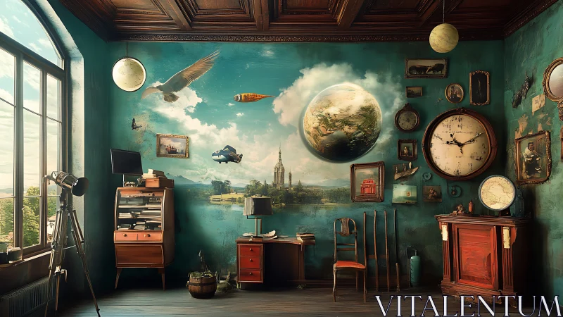 Interior study depicts surreal observatory room with mural