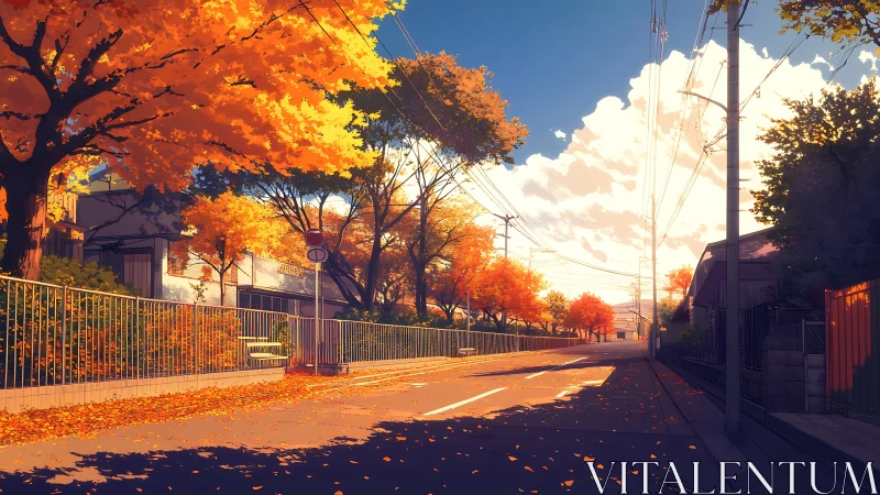 Autumn city street under golden trees at sunset light.