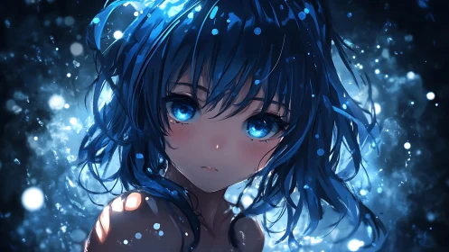 Blue-haired anime girl glows softly in a dreamy water halo