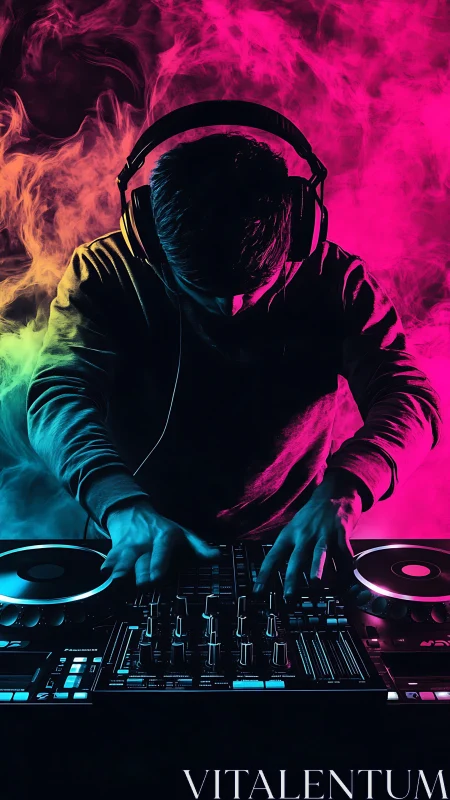 Neon smoke DJ conjures midnight beats from glowing decks.