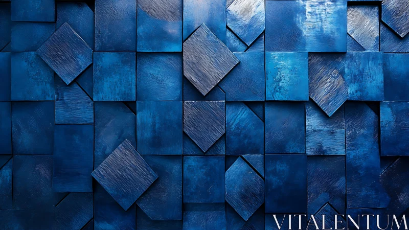 Midnight blue mosaic of stacked geometric tiles in motion.