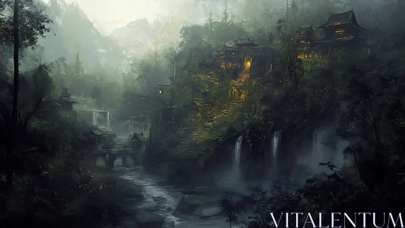 Mountain temple village glows warmly through mist and waterfalls