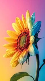 Sunflower quietly rehearses a sunrise in split-spectrum petals