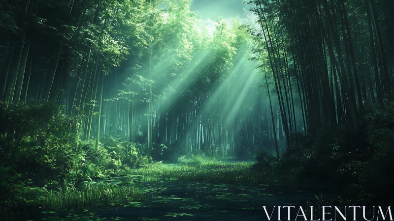 Luminescent Forest Canopy with Crepuscular Rays and Aquatic Foreground.