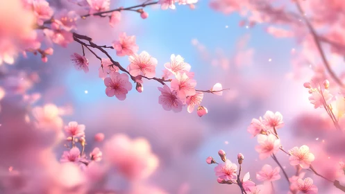 Cherry Blossoms Against Blue Sky With Soft Focus Bokeh.