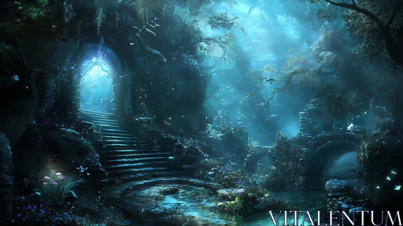Mystical forest gateway glows softly above a hidden stream